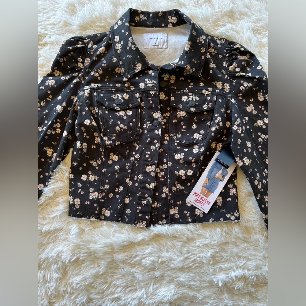 Celebrity Pink | Black Denim Puff Sleeve Jean Jacket with Floral Print - Picture 7 of 11